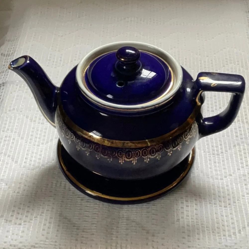 Vintage Hall’s China Cobalt and Gold Teapot and Trivet Boston